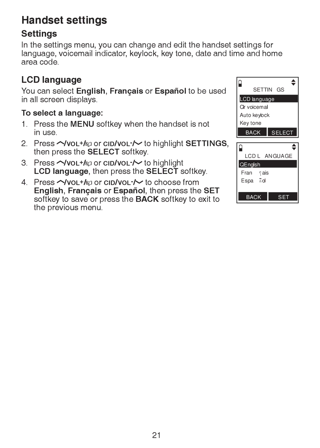 VTech LS6245 user manual Handset settings, Settings, LCD language, To select a language 