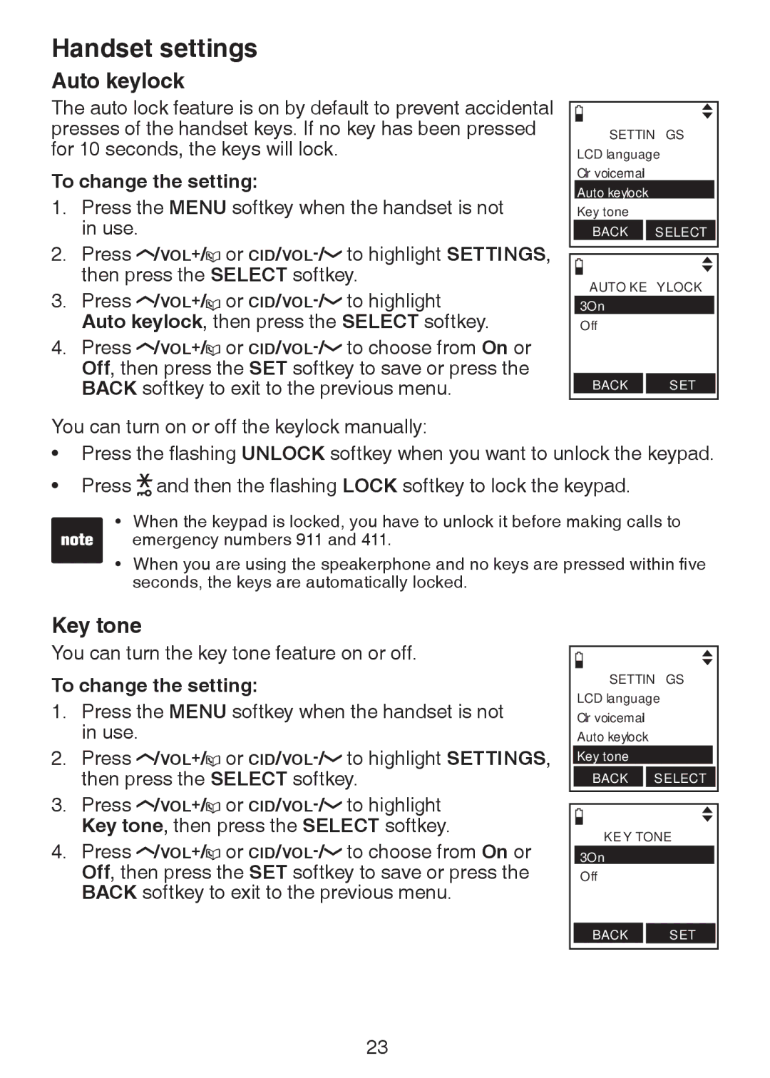 VTech LS6245 user manual Auto keylock, Key tone, To change the setting 