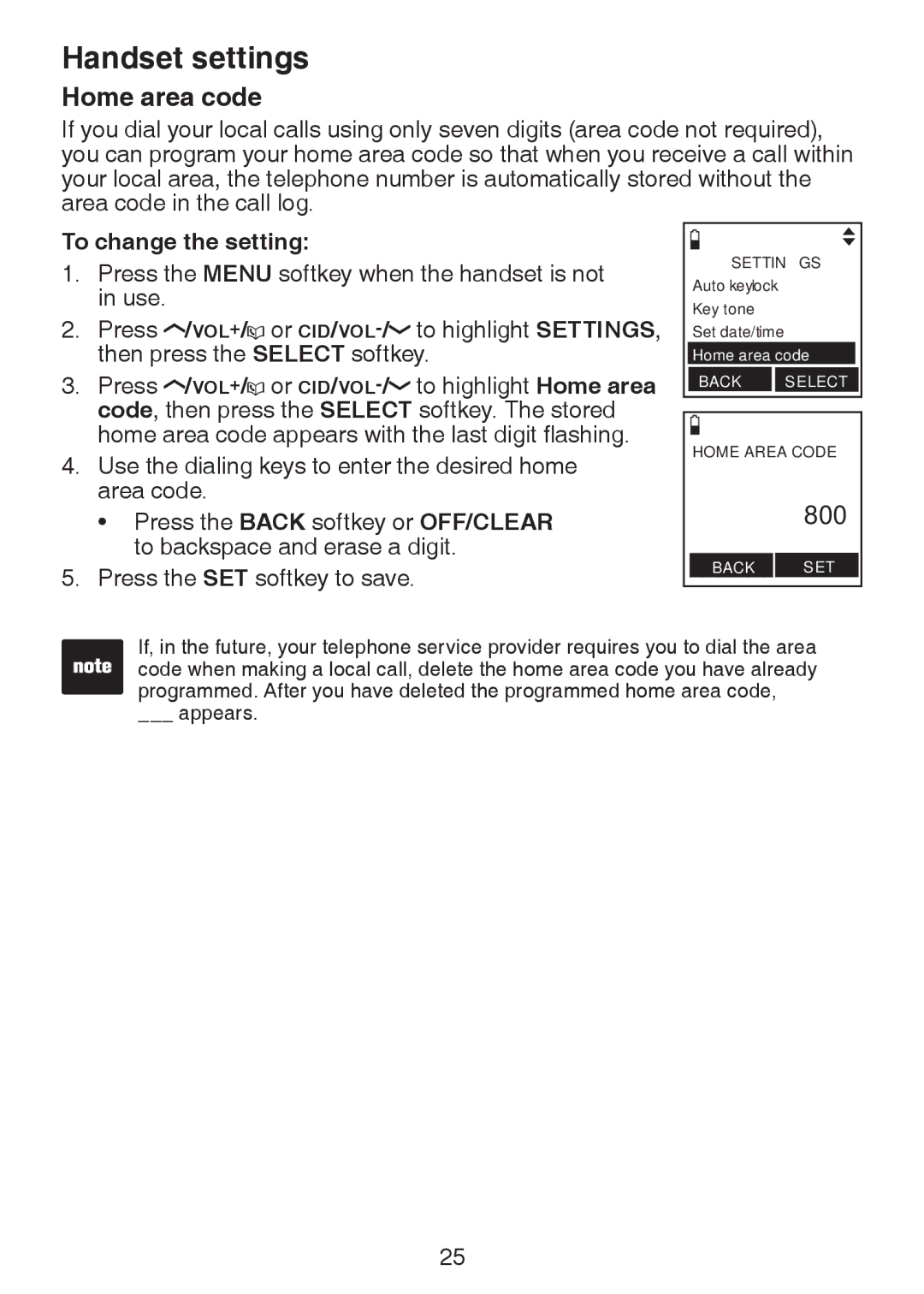 VTech LS6245 user manual Home area code, 800 