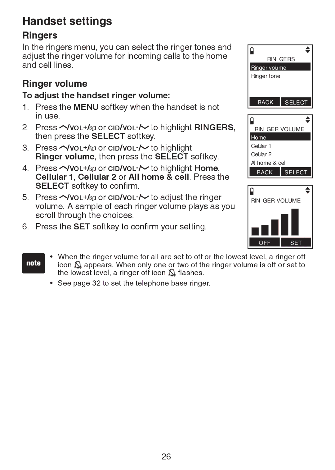 VTech LS6245 user manual Ringers, Ringer volume, To adjust the handset ringer volume 