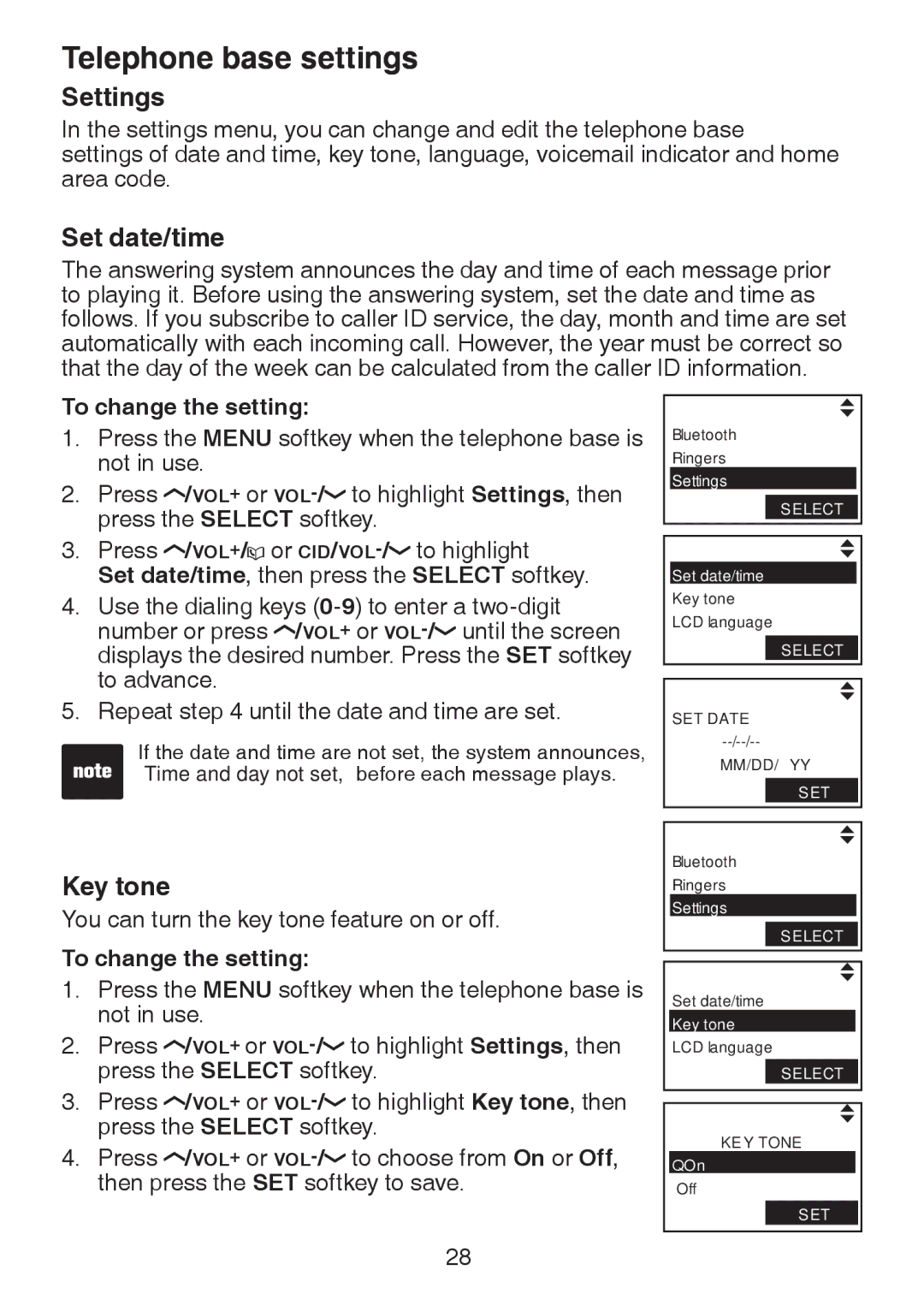 VTech LS6245 user manual Telephone base settings, Settings 