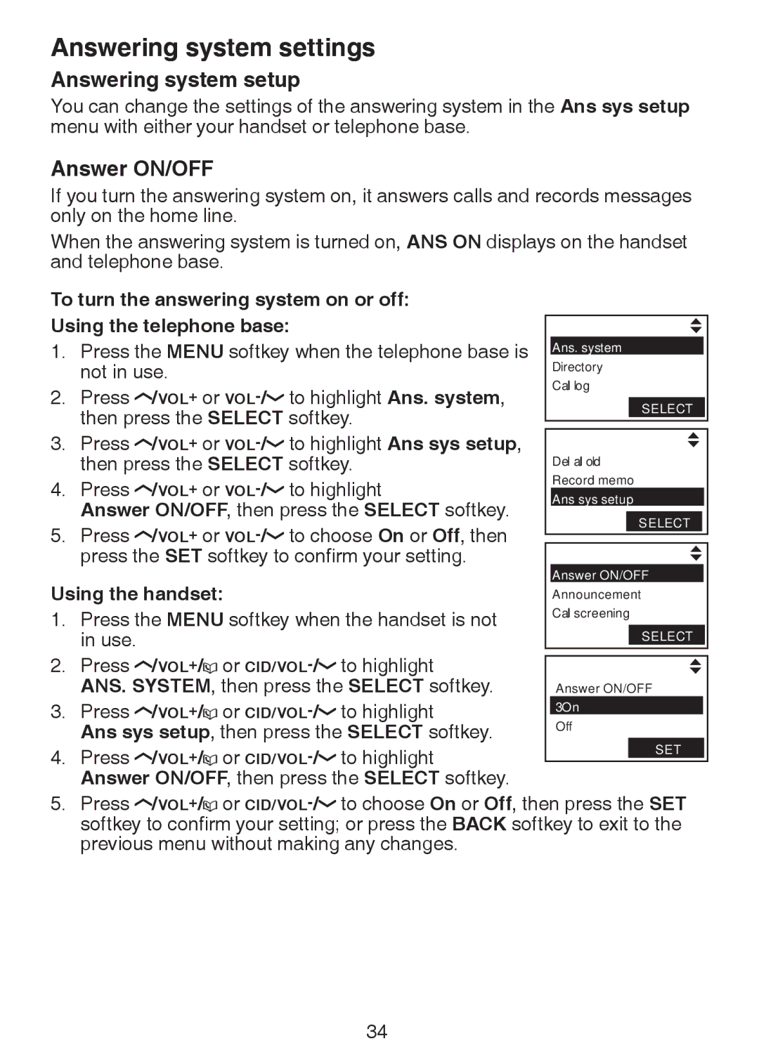 VTech LS6245 user manual Answering system settings, Answering system setup, Answer ON/OFF, Using the handset 