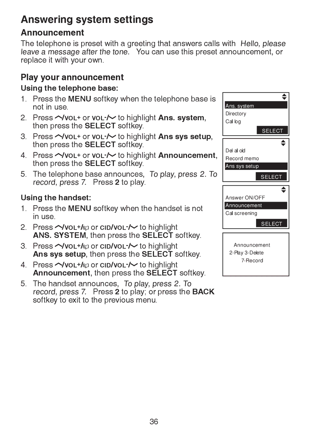 VTech LS6245 user manual Announcement, Play your announcement 