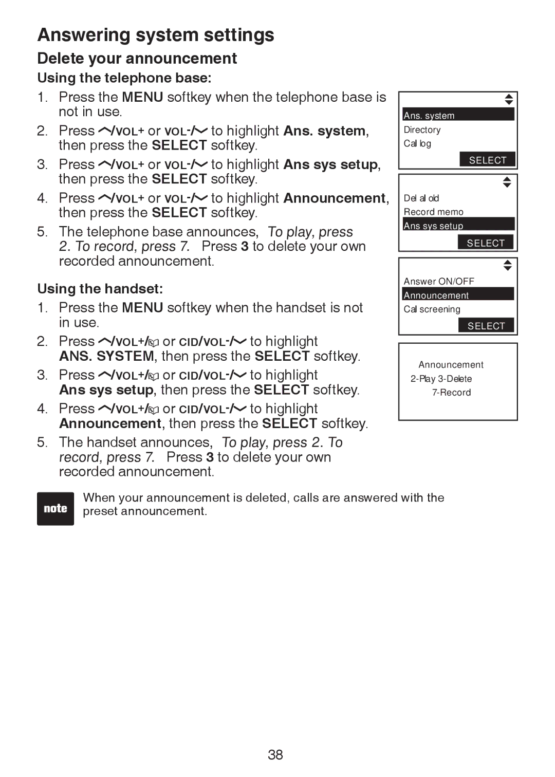 VTech LS6245 user manual Delete your announcement 