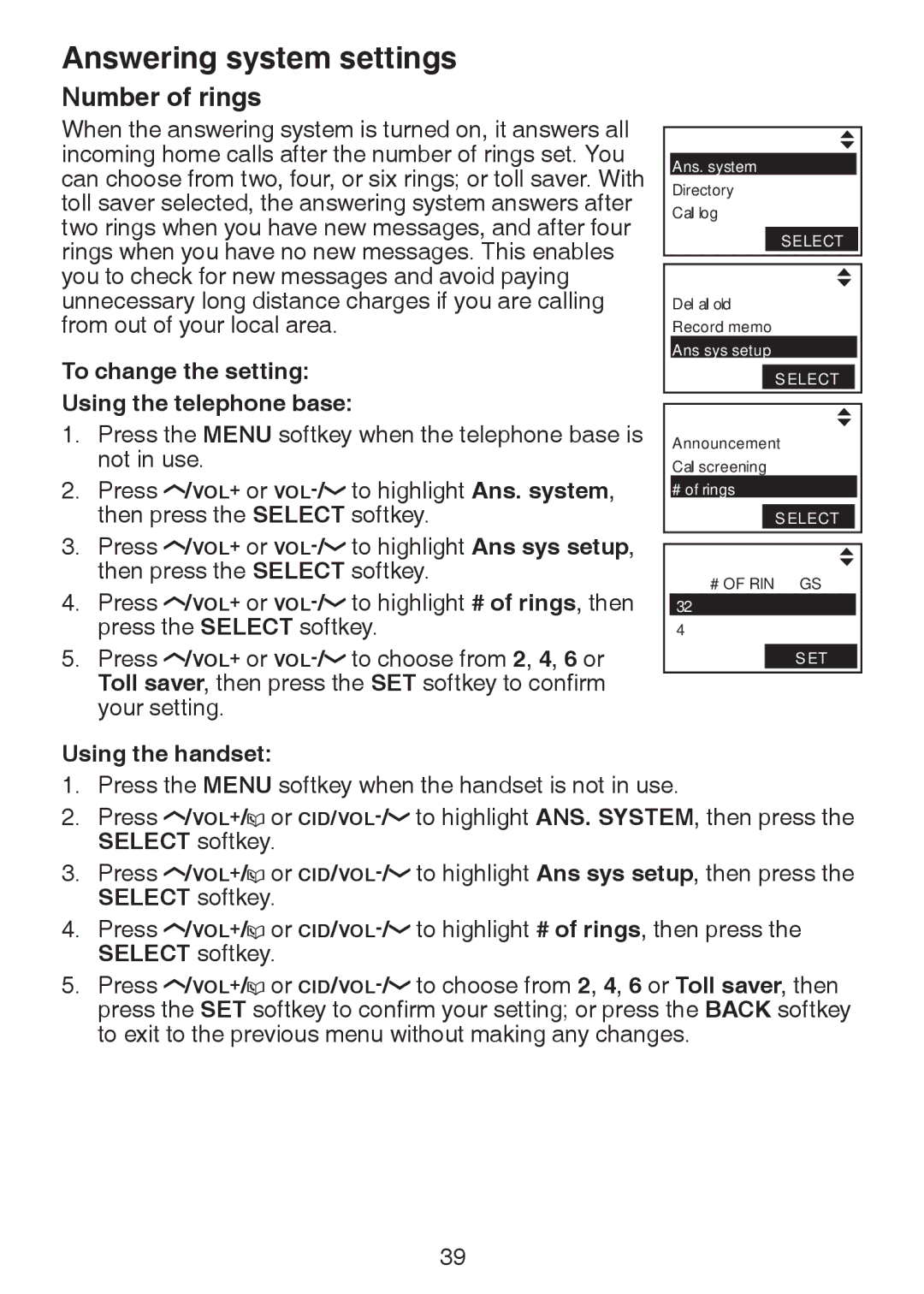 VTech LS6245 user manual Number of rings, To change the setting Using the telephone base 