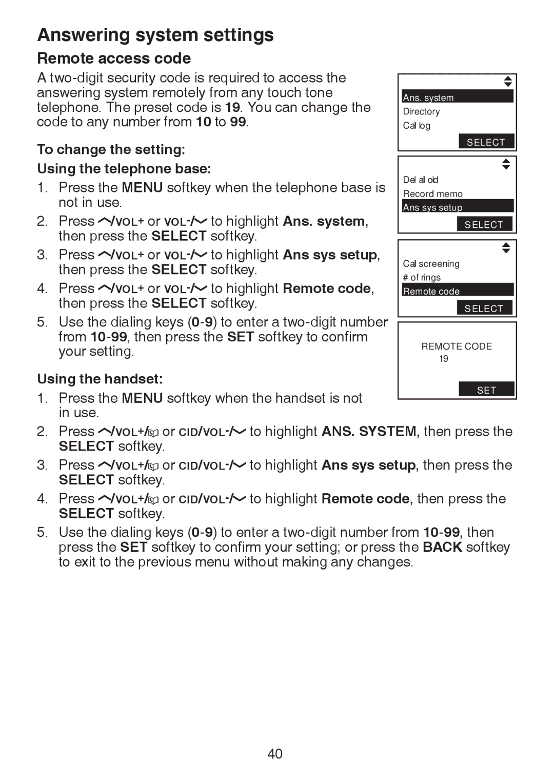 VTech LS6245 user manual Remote access code, Press the Menu softkey when the handset is not in use 