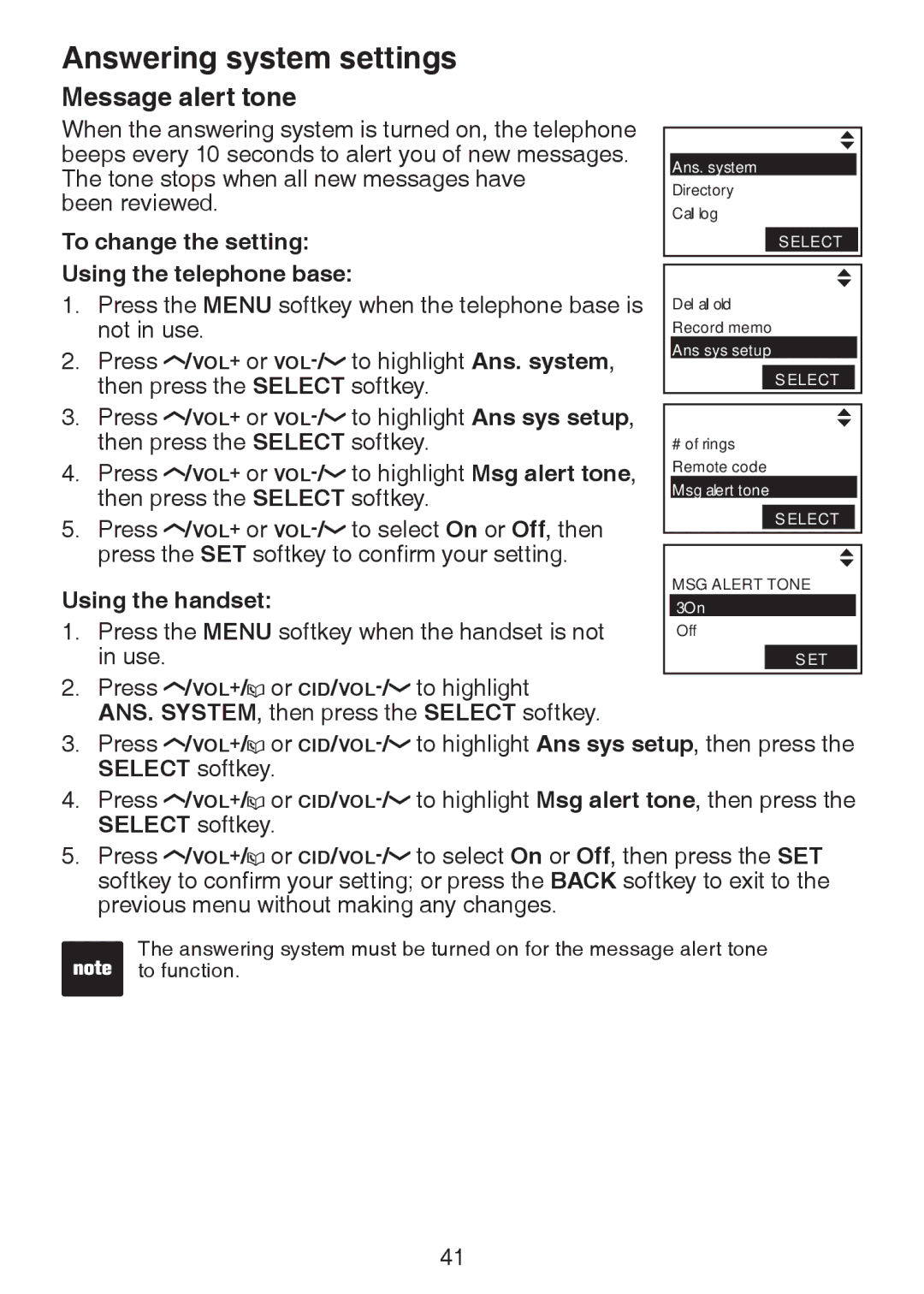 VTech LS6245 user manual Message alert tone, To change the setting 