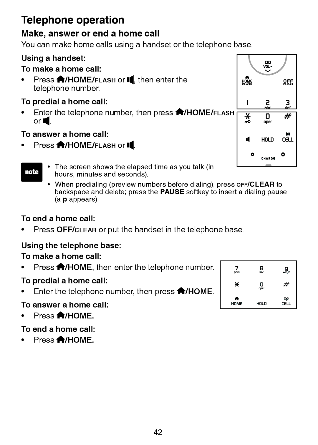 VTech LS6245 user manual Telephone operation, Make, answer or end a home call 