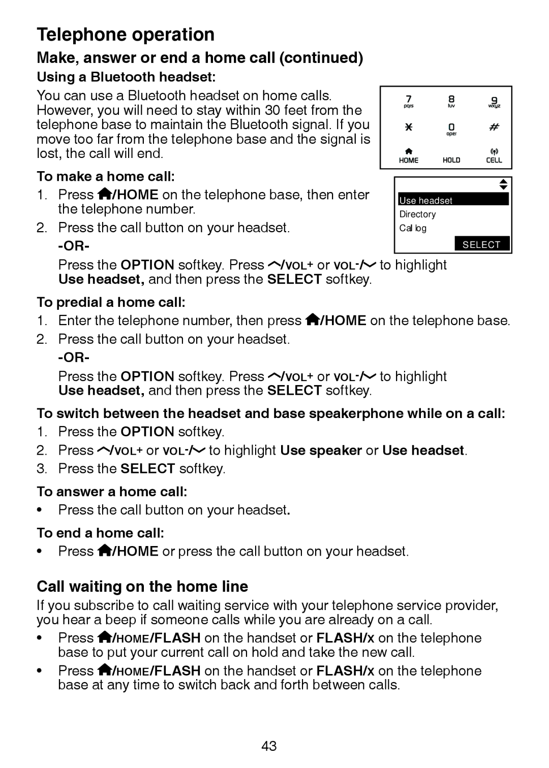 VTech LS6245 user manual Call waiting on the home line, Using a Bluetooth headset 