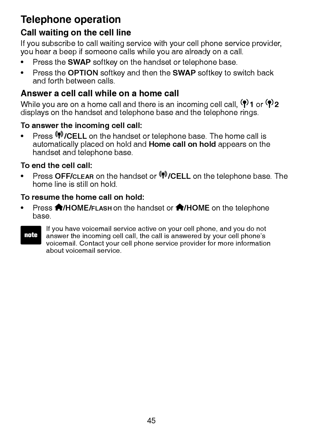 VTech LS6245 Call waiting on the cell line, Answer a cell call while on a home call, To answer the incoming cell call 