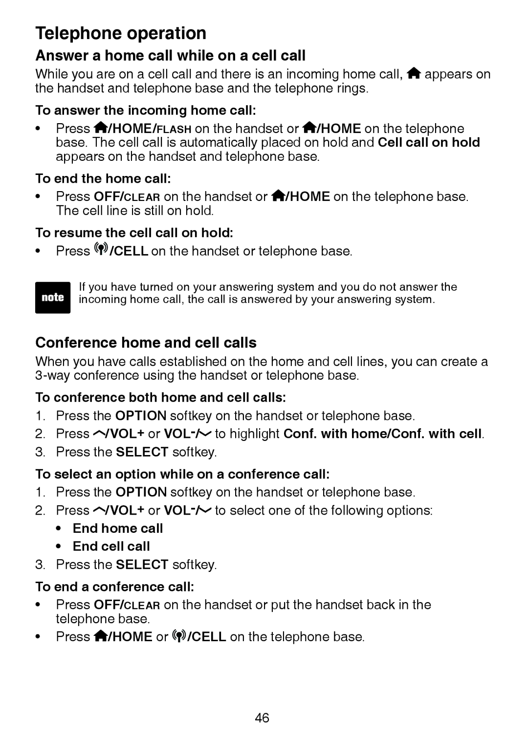 VTech LS6245 user manual Answer a home call while on a cell call, Conference home and cell calls 