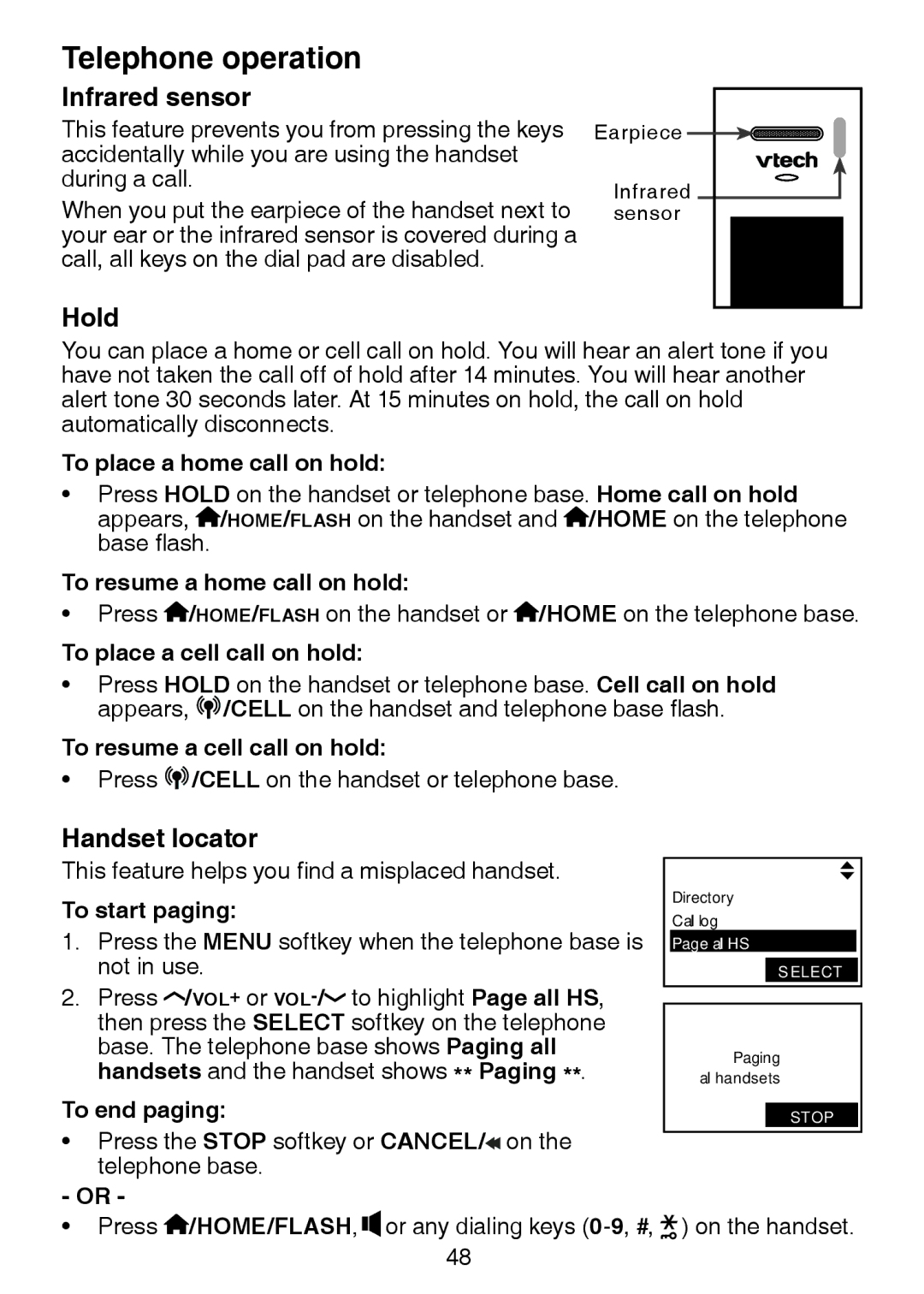 VTech LS6245 user manual Infrared sensor, Hold, Handset locator 