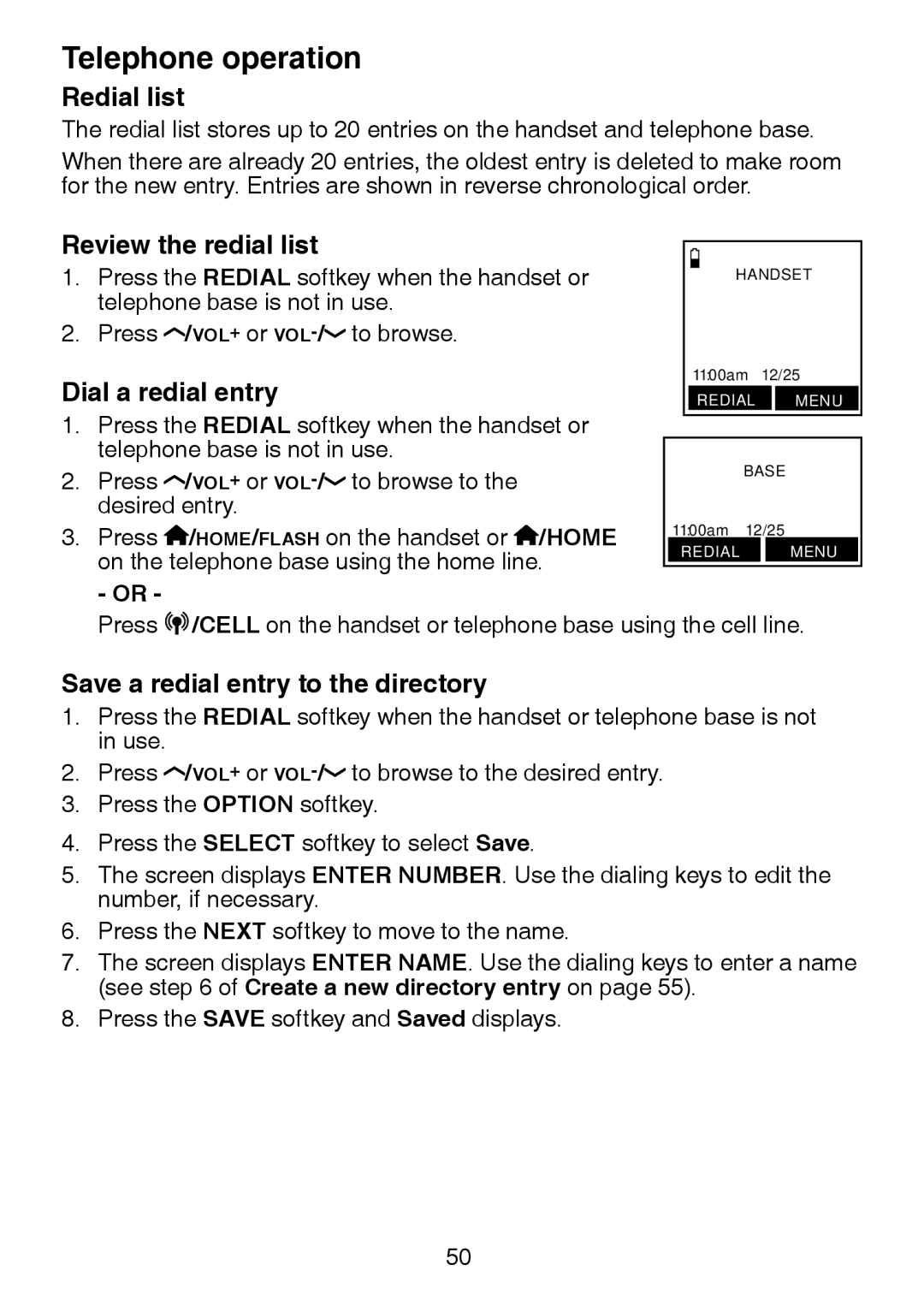 VTech LS6245 user manual Redial list, Review the redial list, Dial a redial entry, Save a redial entry to the directory 