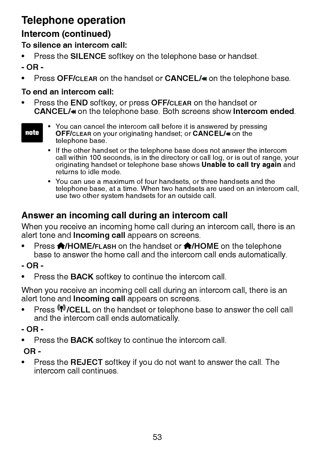 VTech LS6245 Answer an incoming call during an intercom call, To silence an intercom call, To end an intercom call 