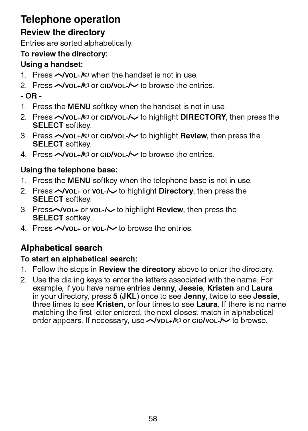 VTech LS6245 user manual Review the directory, Alphabetical search, To review the directory Using a handset 