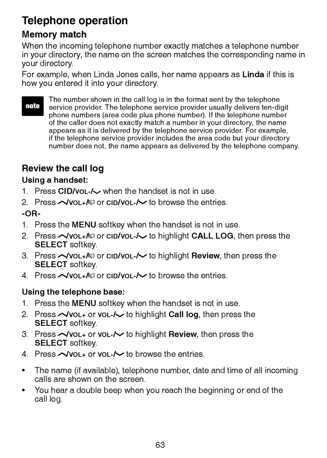 VTech LS6245 user manual Memory match, Review the call log 