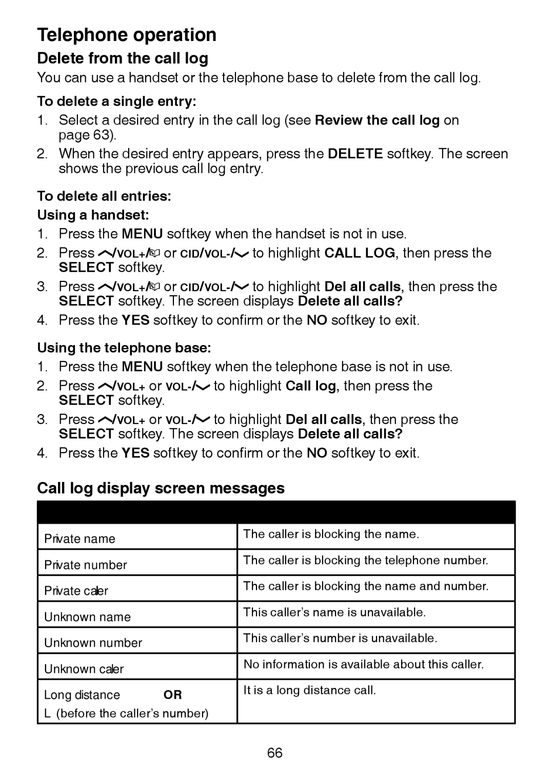 VTech LS6245 user manual Delete from the call log, Call log display screen messages, To delete a single entry 