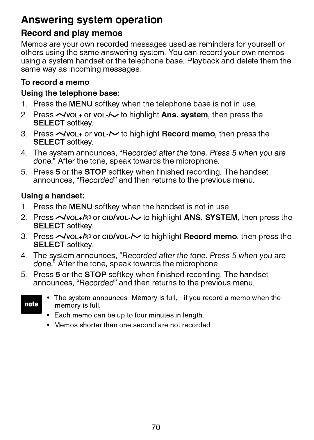 VTech LS6245 user manual Record and play memos, To record a memo Using the telephone base 