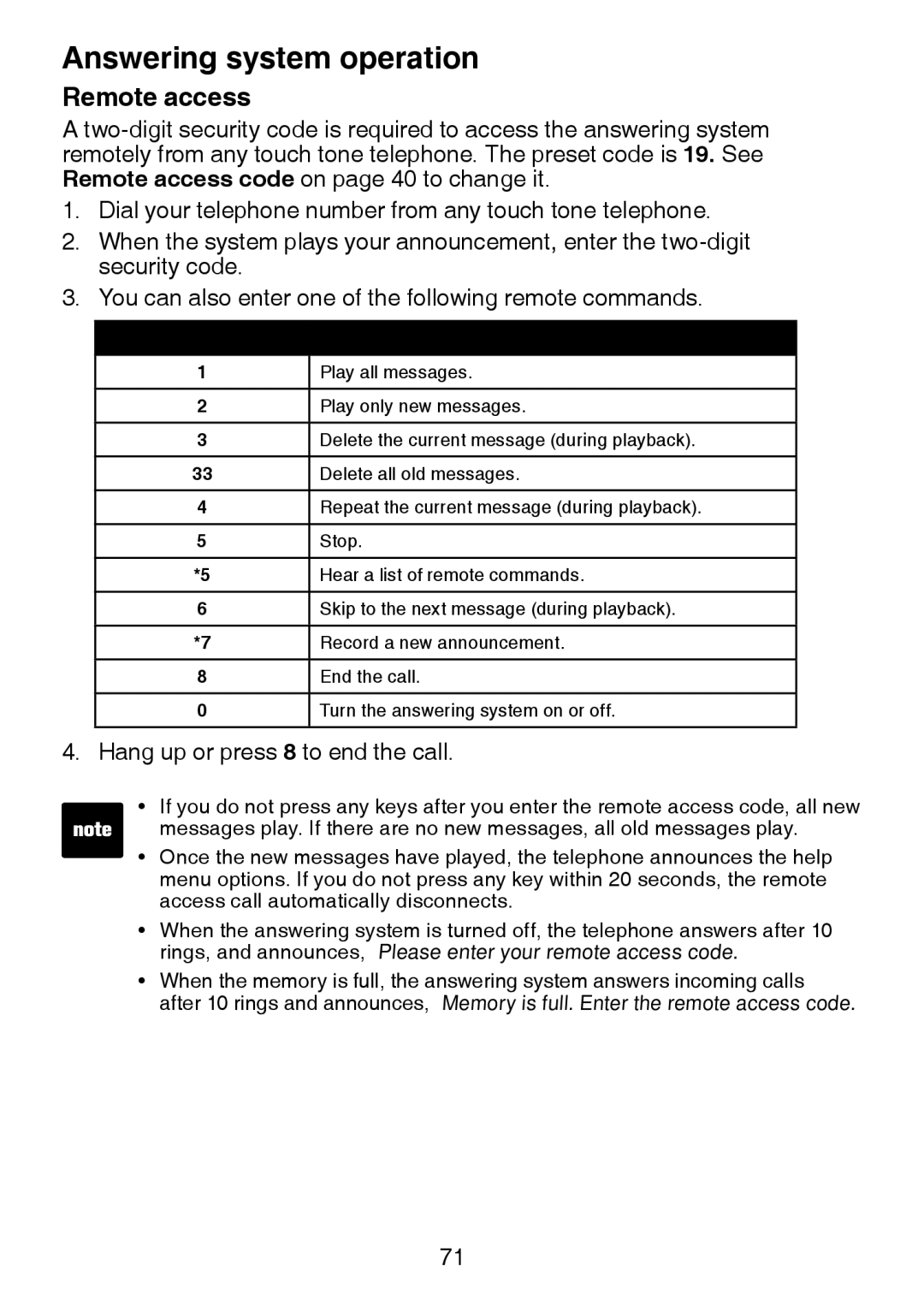 VTech LS6245 user manual Remote access, Command 