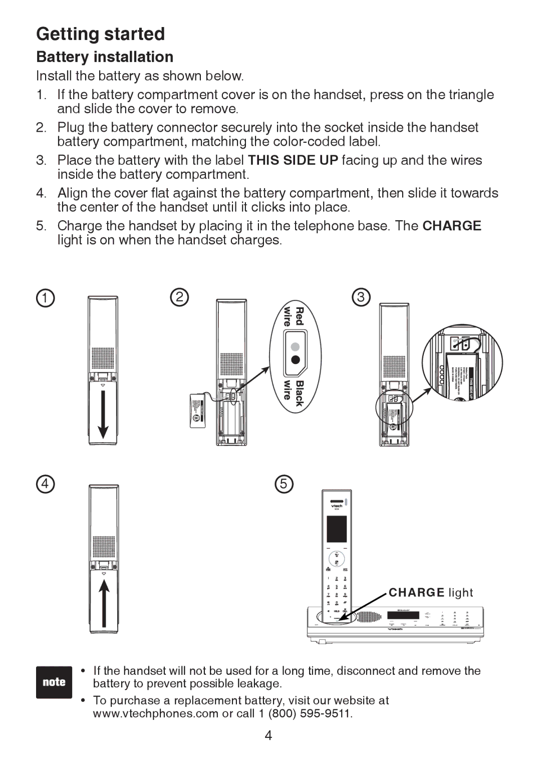 VTech LS6245 user manual Battery installation, Charge light 