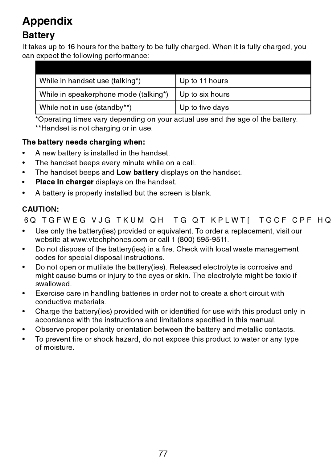 VTech LS6245 user manual Battery, Operation Operating time 