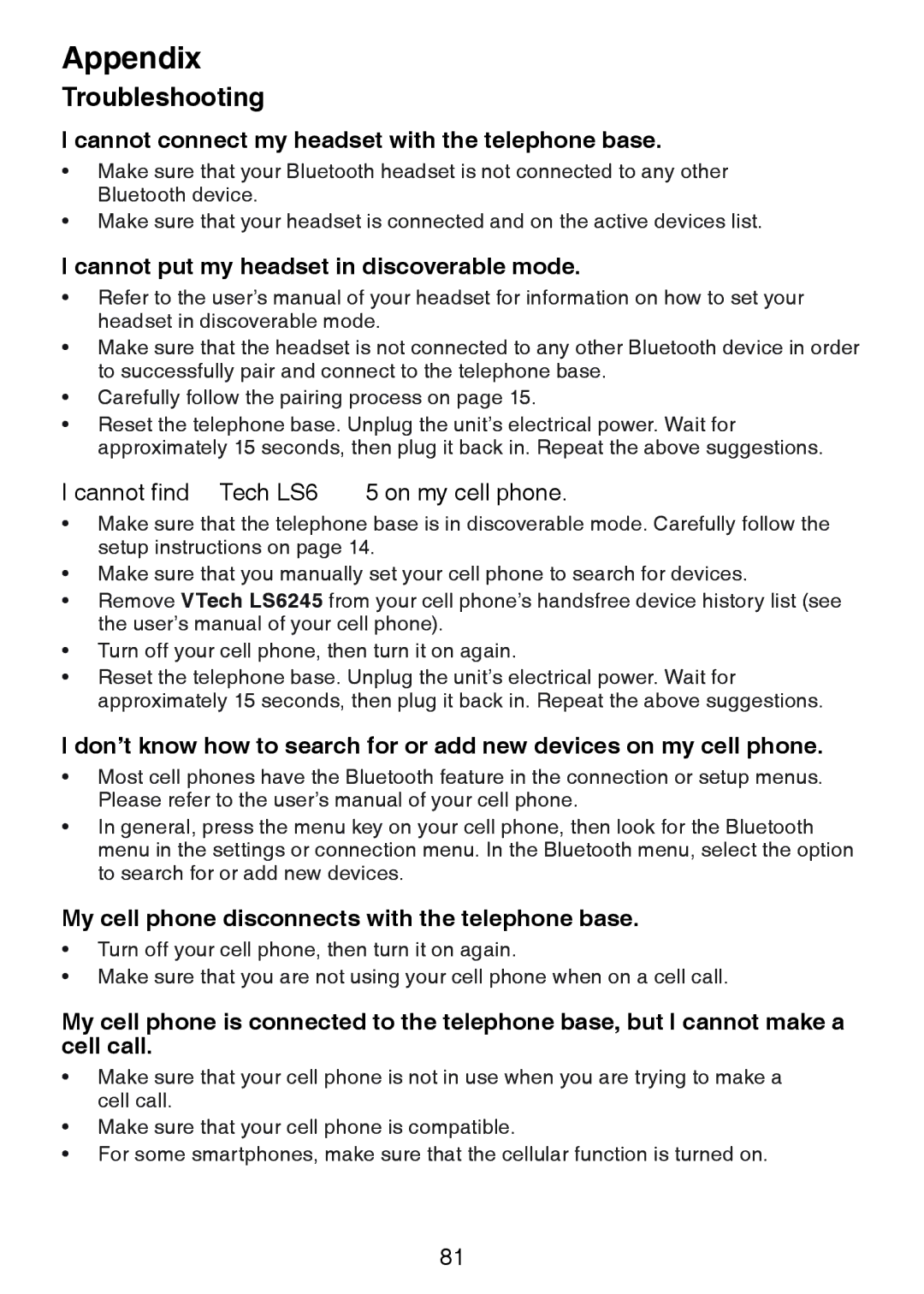 VTech LS6245 user manual Cannot connect my headset with the telephone base, Cannot put my headset in discoverable mode 