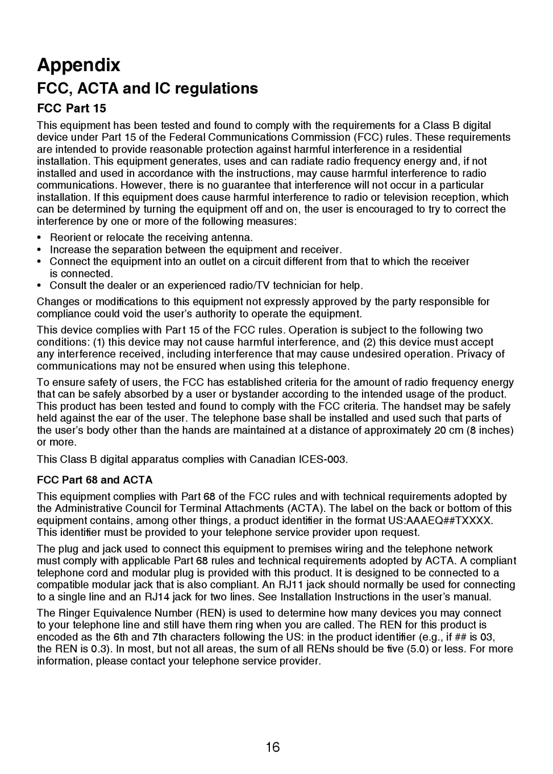 VTech LS6305 user manual FCC, Acta and IC regulations, FCC Part 68 and Acta 