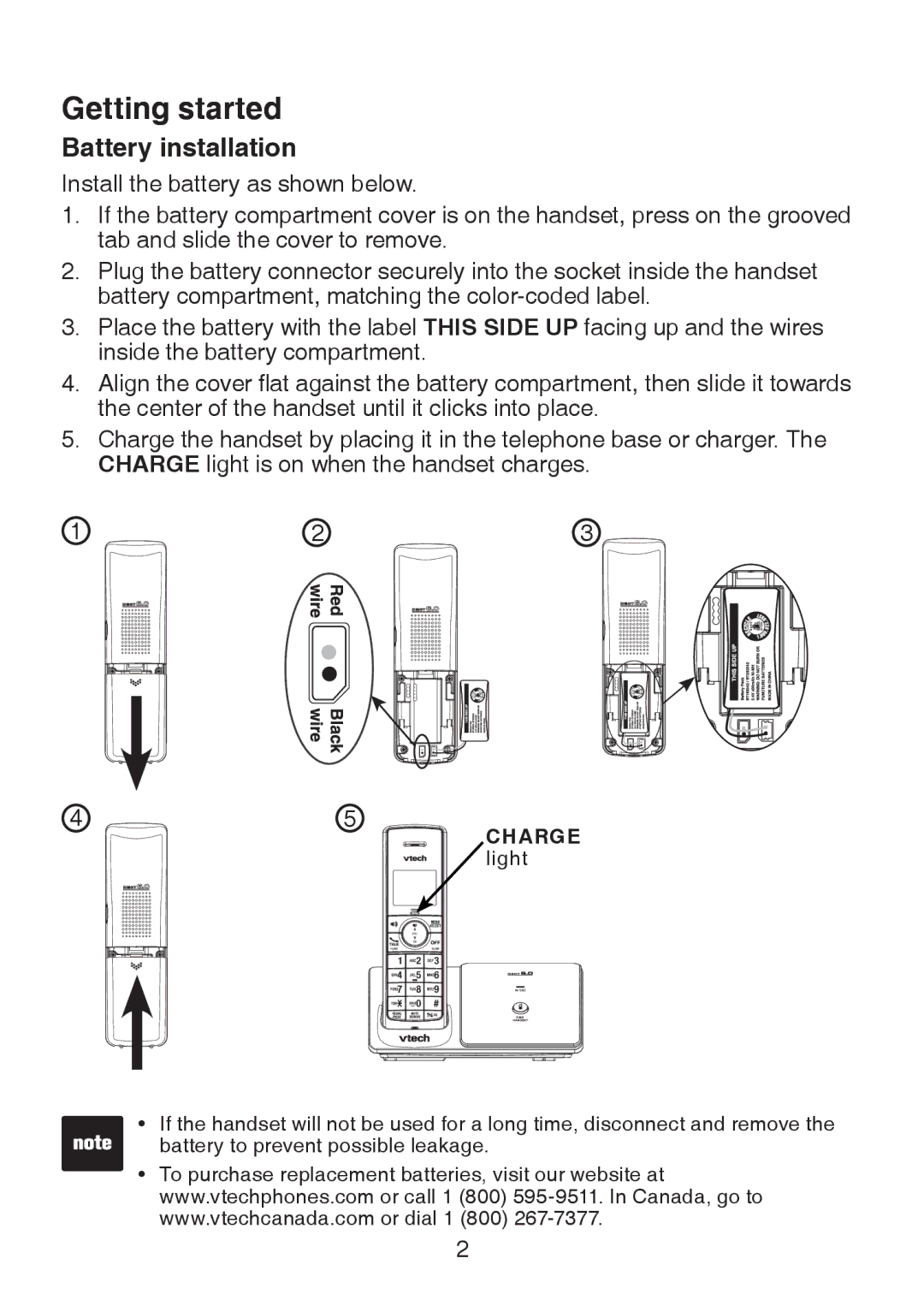 VTech LS6305 user manual Battery installation, Charge light 