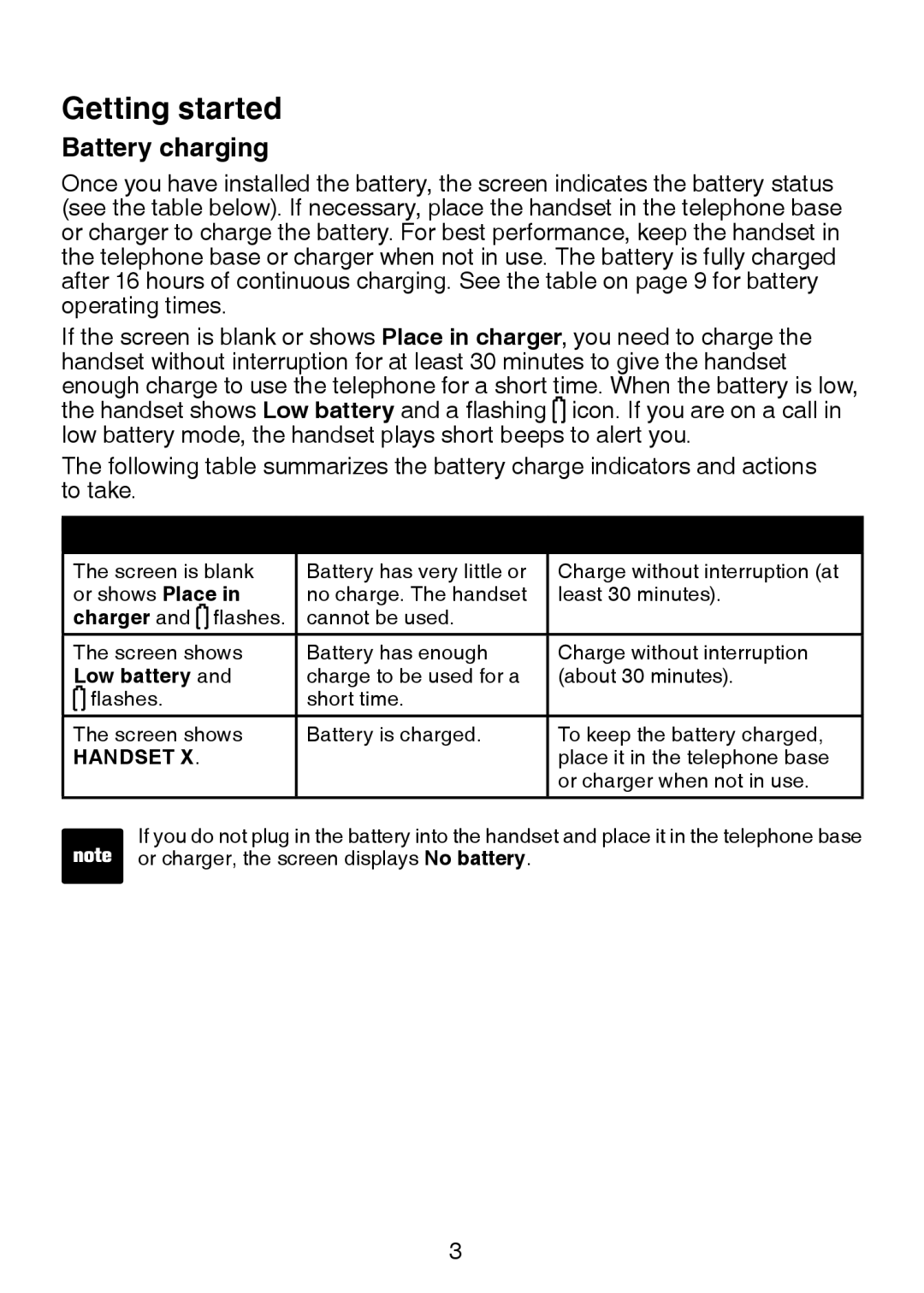 VTech LS6305 user manual Battery charging, Low battery 