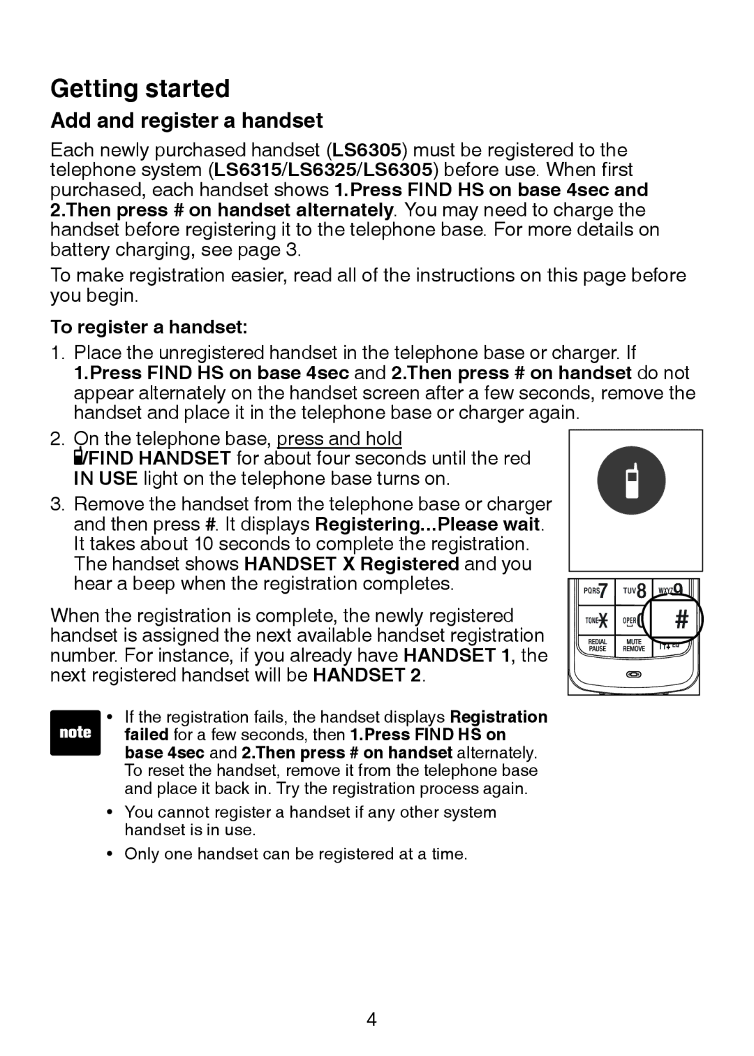 VTech LS6305 user manual Add and register a handset, To register a handset 