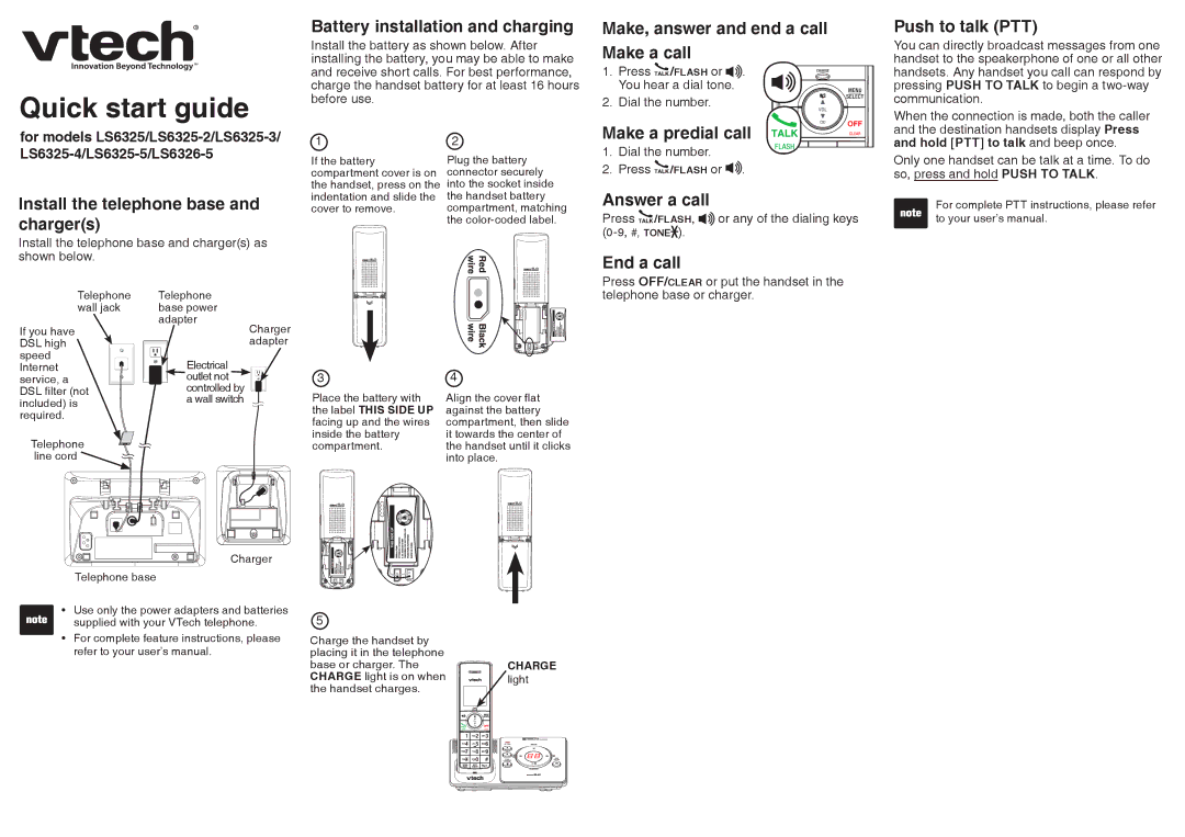 VTech LS6325-3 quick start Battery installation and charging, Make, answer and end a call Make a call, Make a predial call 