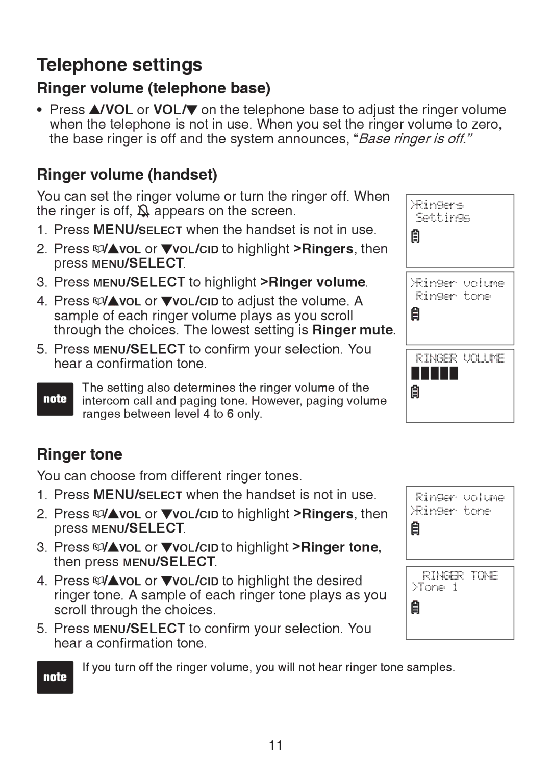 VTech LS6325-3, LS6325-4, LS6325-5 Telephone settings, Ringer volume telephone base, Ringer volume handset, Ringer tone 