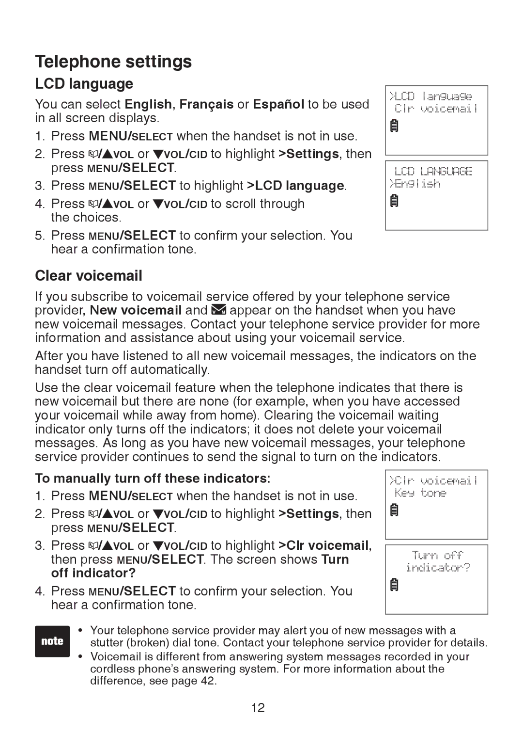 VTech LS6325-4 Clear voicemail, Press MENU/SELECT to highlight LCD language, To manually turn off these indicators 