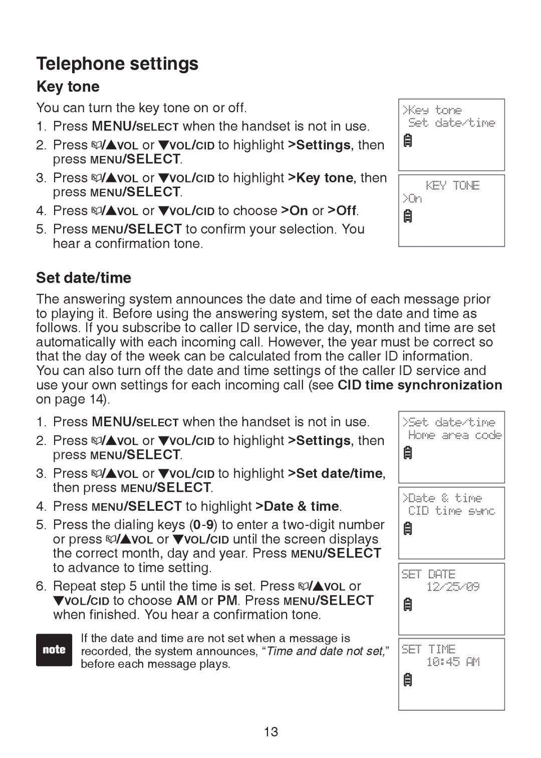 VTech LS6325-3, LS6325-4, LS6325-5, LS6326-5 user manual Key tone, Set date/time 