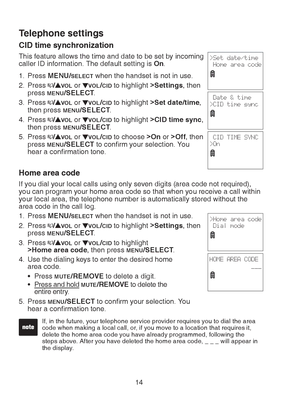 VTech LS6325-5, LS6325-3, LS6325-4, LS6326-5 user manual CID time synchronization, Home area code, then press MENU/SELECT 