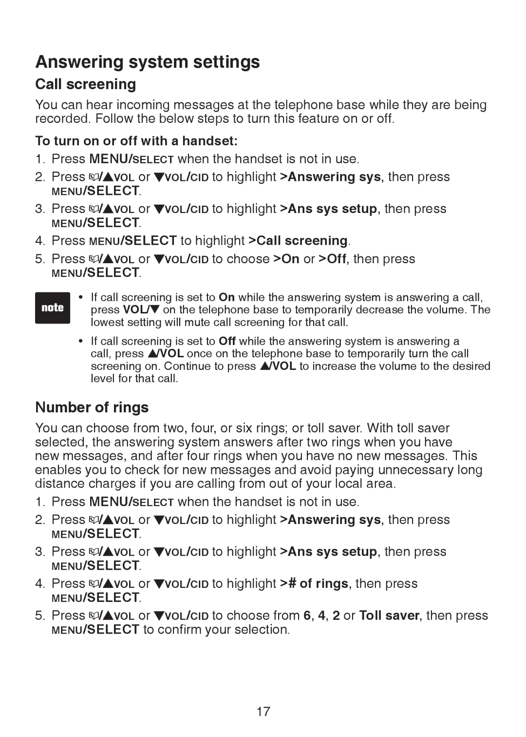 VTech LS6325-4, LS6325-3, LS6325-5, LS6326-5 user manual Number of rings, Press MENU/SELECT to highlight Call screening 