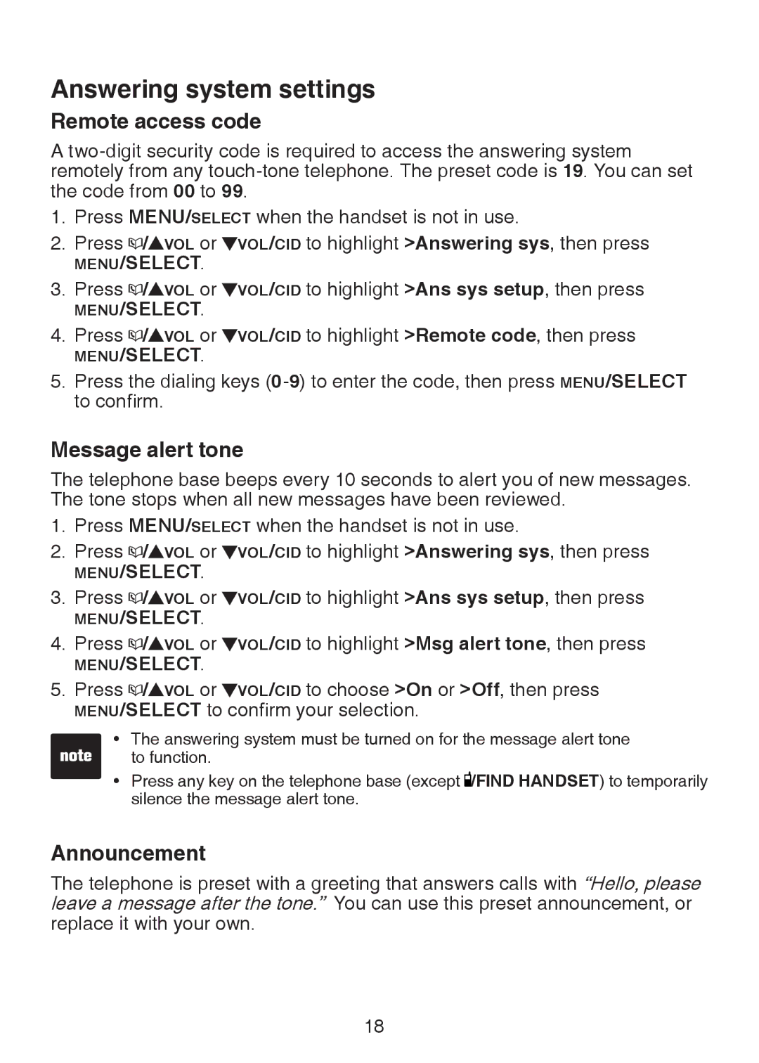 VTech LS6325-3, LS6325-4, LS6325-5, LS6326-5 user manual Remote access code, Message alert tone, Announcement 