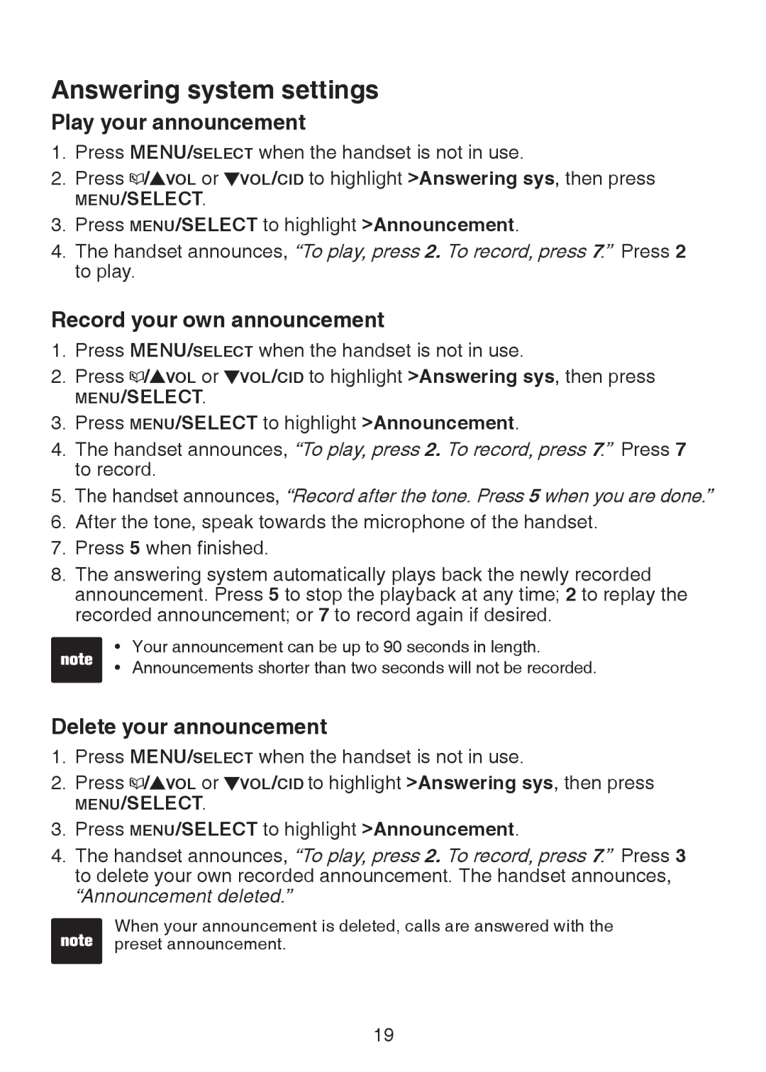 VTech LS6325-5, LS6325-3, LS6325-4, LS6326-5 Play your announcement, Record your own announcement, Delete your announcement 