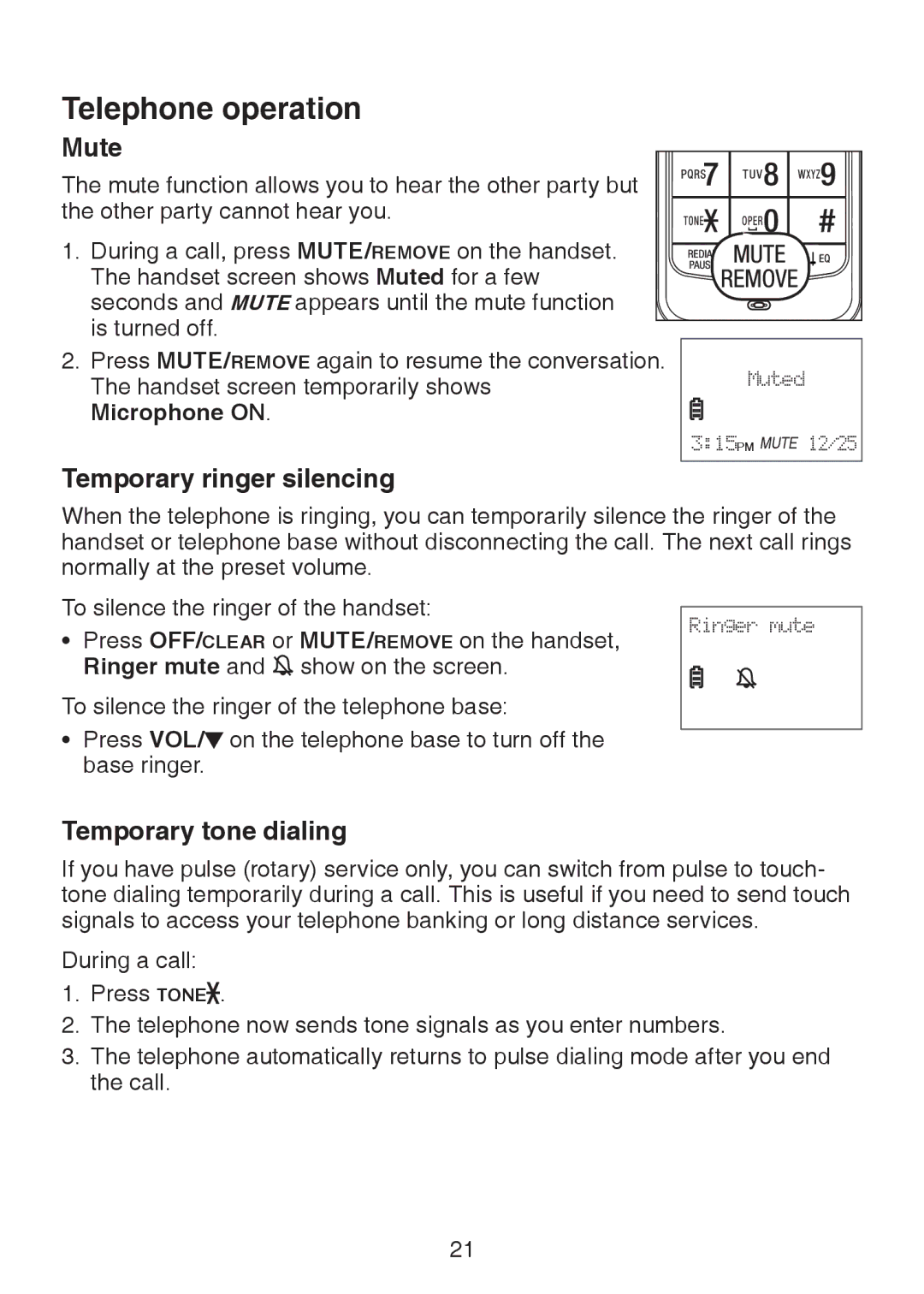 VTech LS6325-3, LS6325-4, LS6325-5, LS6326-5 user manual Mute, Temporary ringer silencing, Temporary tone dialing 