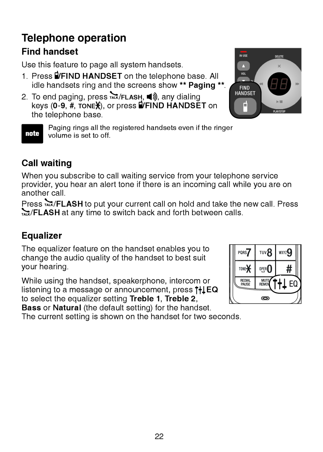 VTech LS6325-4, LS6325-3, LS6325-5, LS6326-5 user manual Find handset, Call waiting, Equalizer 