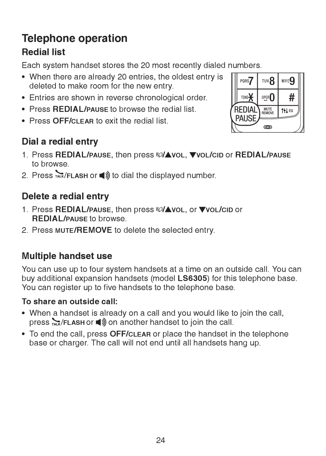 VTech LS6325-5 Redial list, Dial a redial entry, Delete a redial entry, Multiple handset use, To share an outside call 