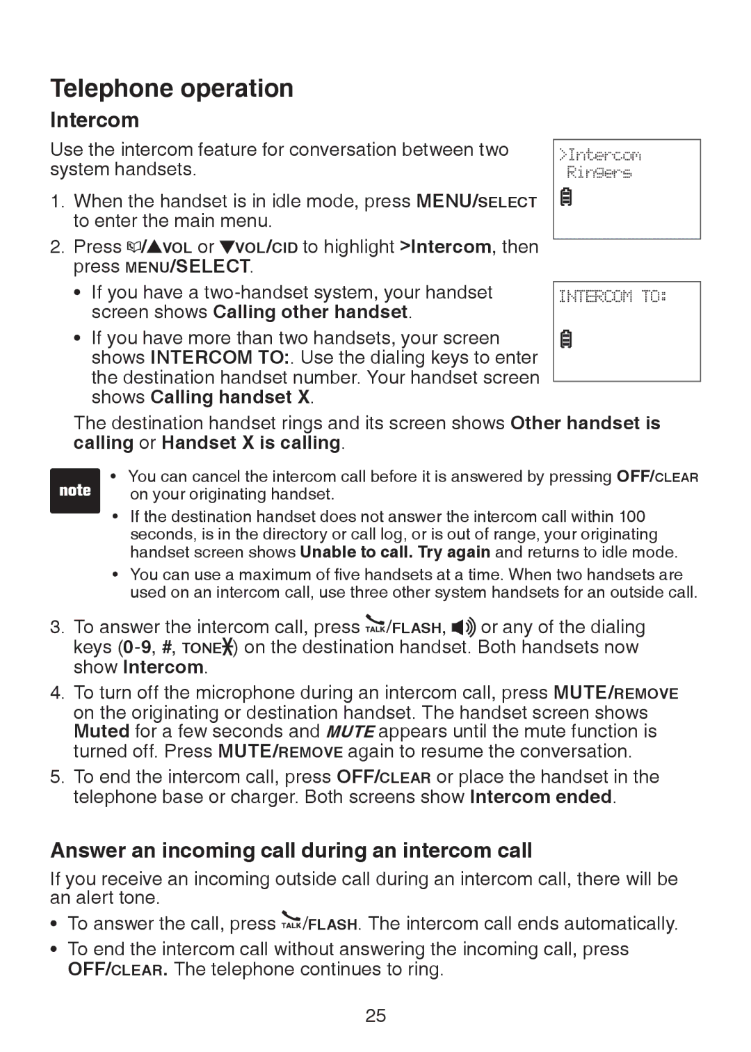 VTech LS6326-5, LS6325-3, LS6325-4, LS6325-5 user manual Intercom, Answer an incoming call during an intercom call 