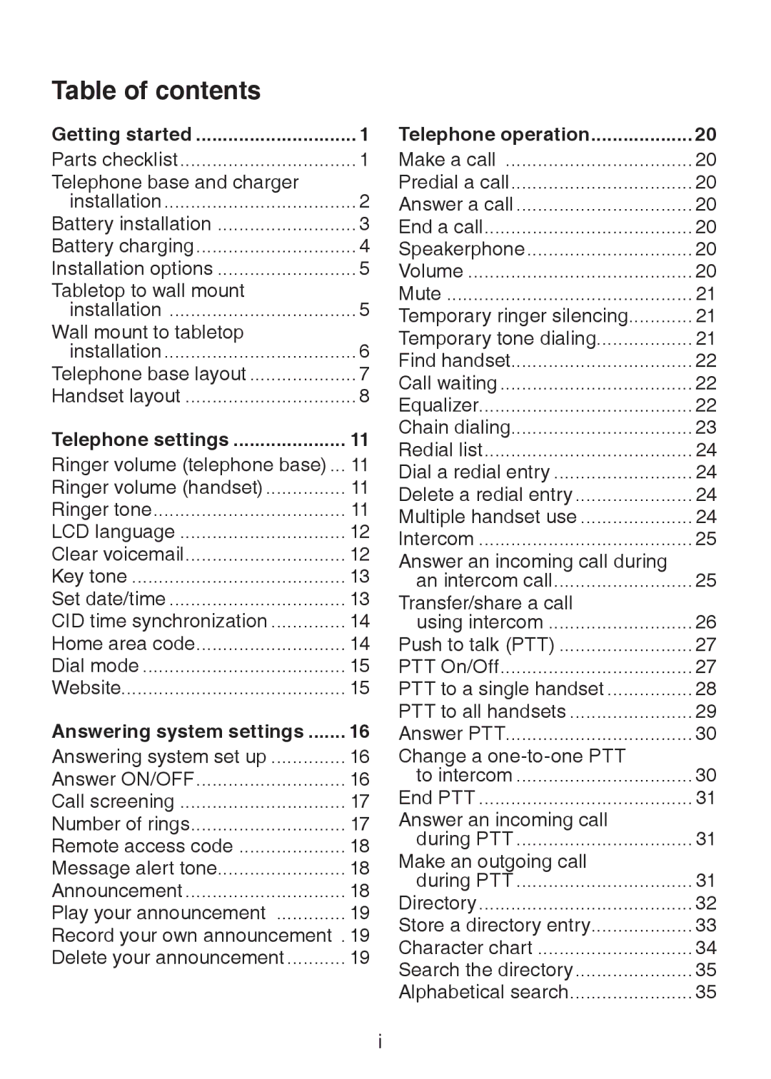 VTech LS6325-5, LS6325-3, LS6325-4, LS6326-5 user manual Table of contents 