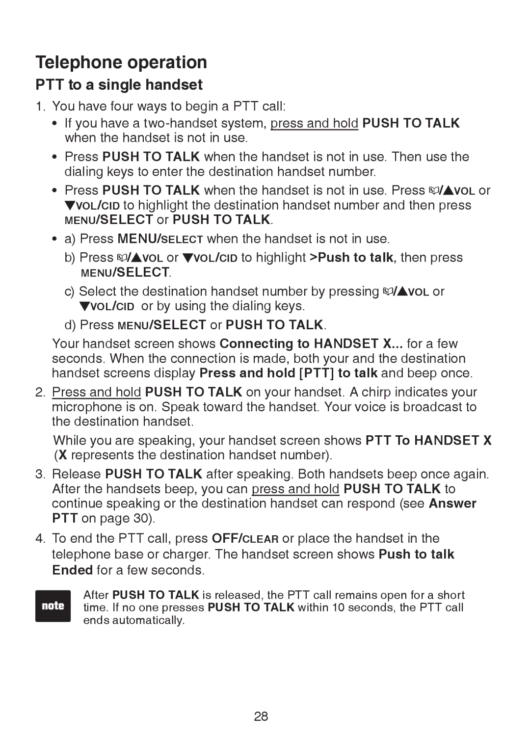 VTech LS6325-3, LS6325-4, LS6325-5, LS6326-5 user manual PTT to a single handset, Press MENU/SELECT or Push to Talk 