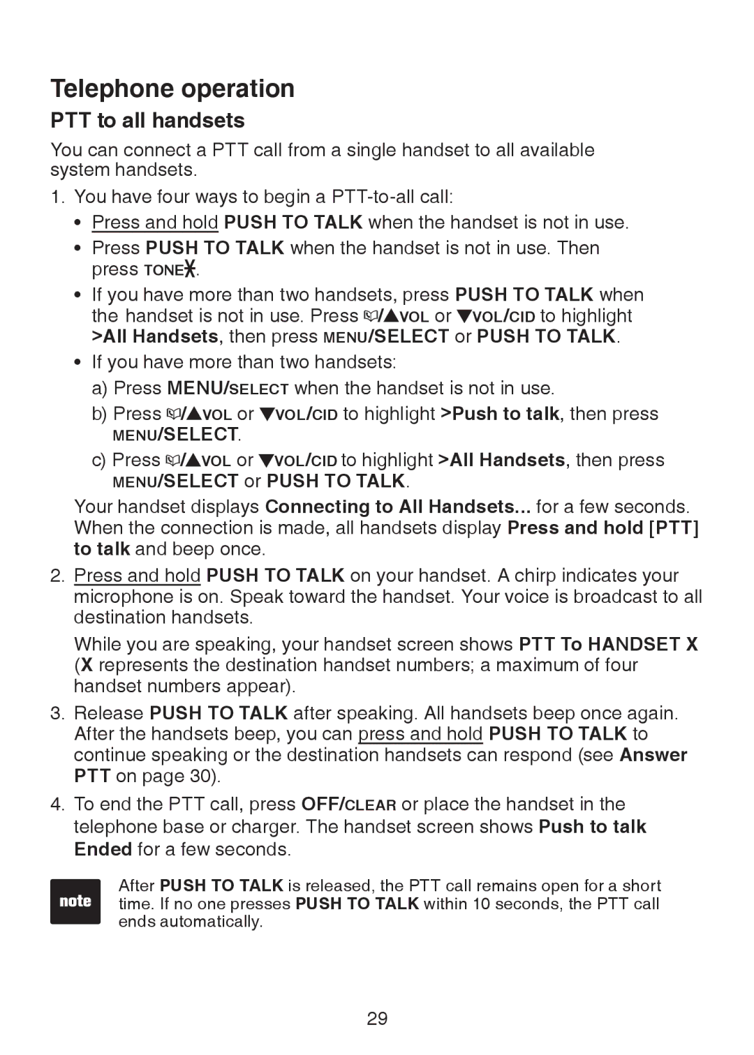 VTech LS6325-5, LS6325-3, LS6325-4, LS6326-5 user manual PTT to all handsets 