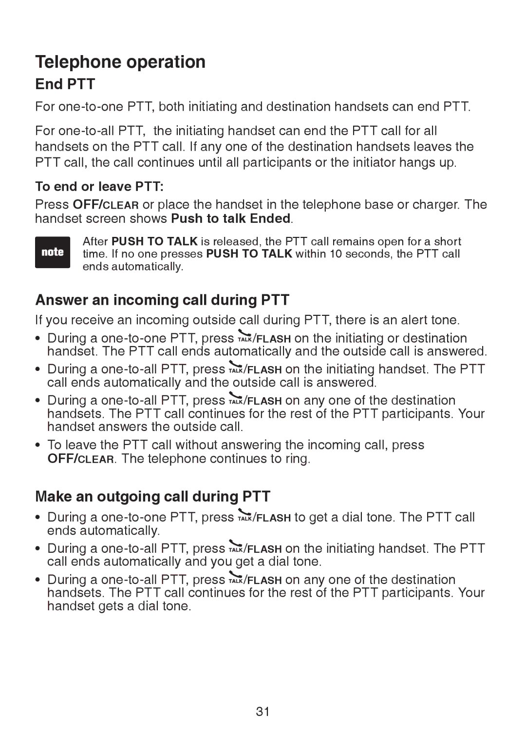 VTech LS6325-3 End PTT, Answer an incoming call during PTT, Make an outgoing call during PTT, To end or leave PTT 