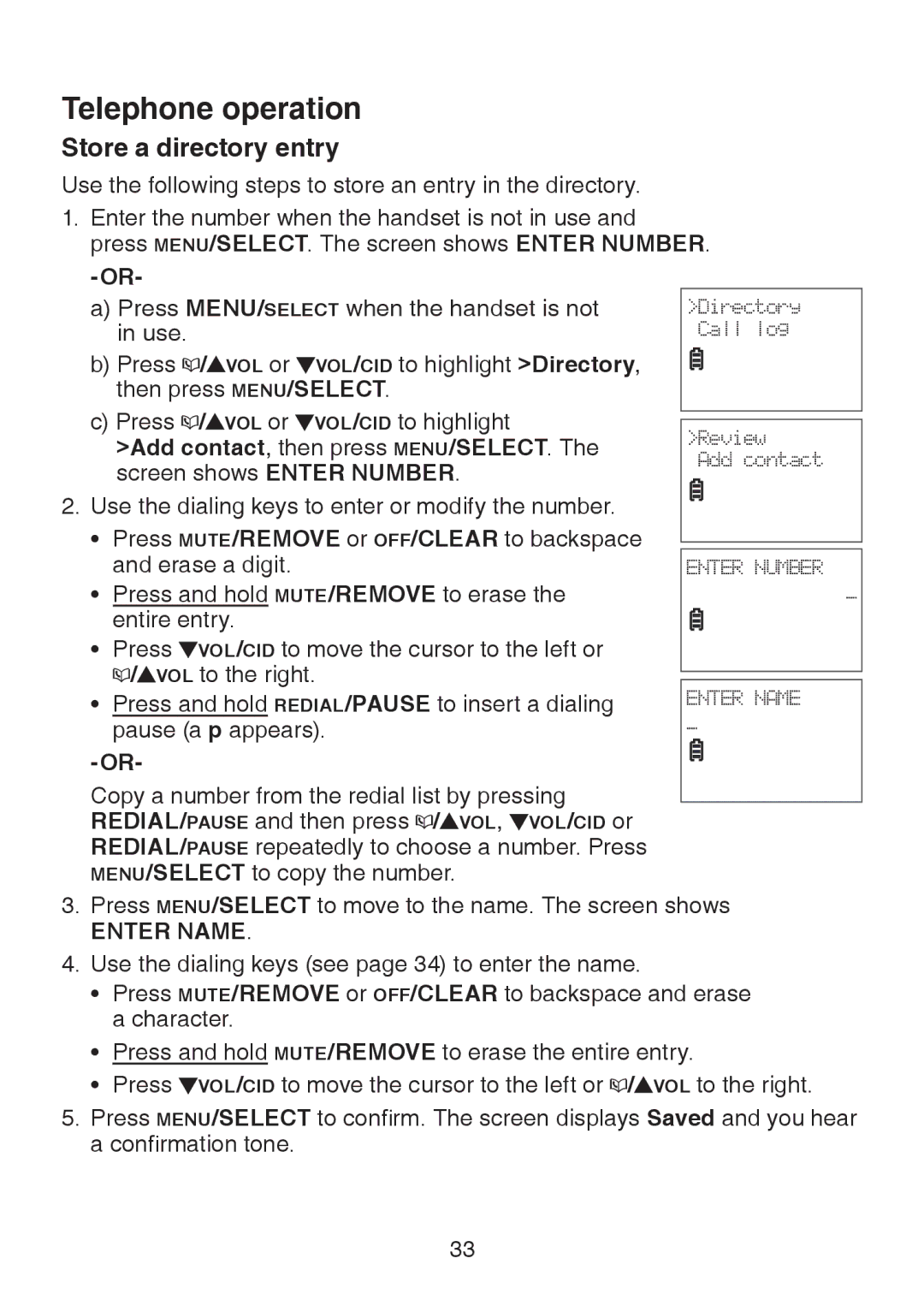 VTech LS6325-3, LS6325-4, LS6325-5, LS6326-5 user manual Store a directory entry, Enter Name 