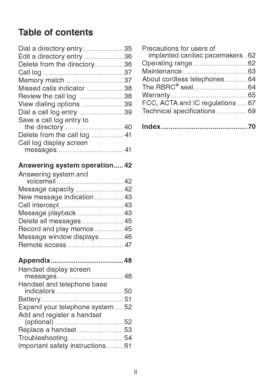 VTech LS6326-5, LS6325-3, LS6325-4, LS6325-5 user manual Answering system operation, Appendix, Index 