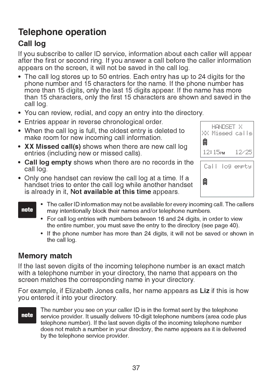 VTech LS6325-4, LS6325-3, LS6325-5, LS6326-5 user manual Call log, Memory match 