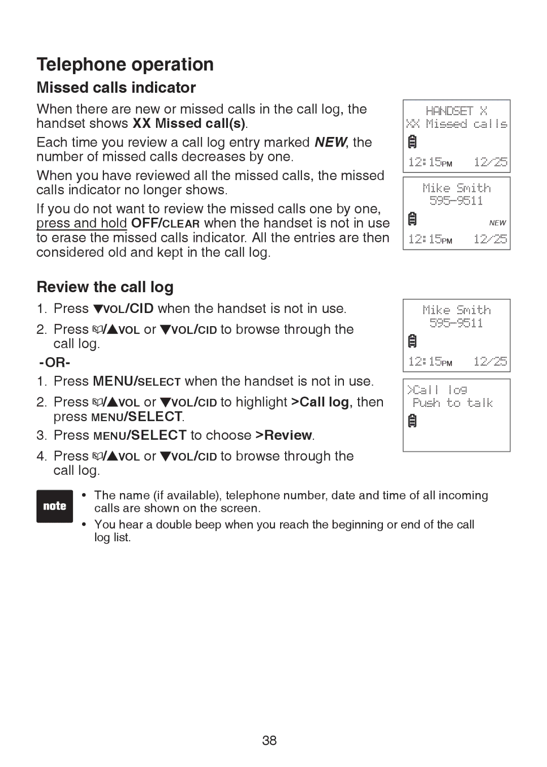 VTech LS6325-3, LS6325-4, LS6325-5, LS6326-5 user manual Missed calls indicator, Review the call log 